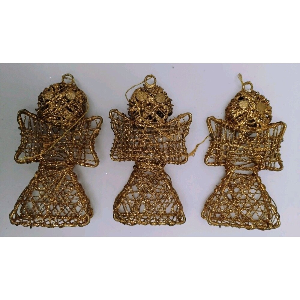 Vtg Gold Spun Wire Angel Ornaments Lot of 3 Woven Mesh Tinsel Christmas 5"
